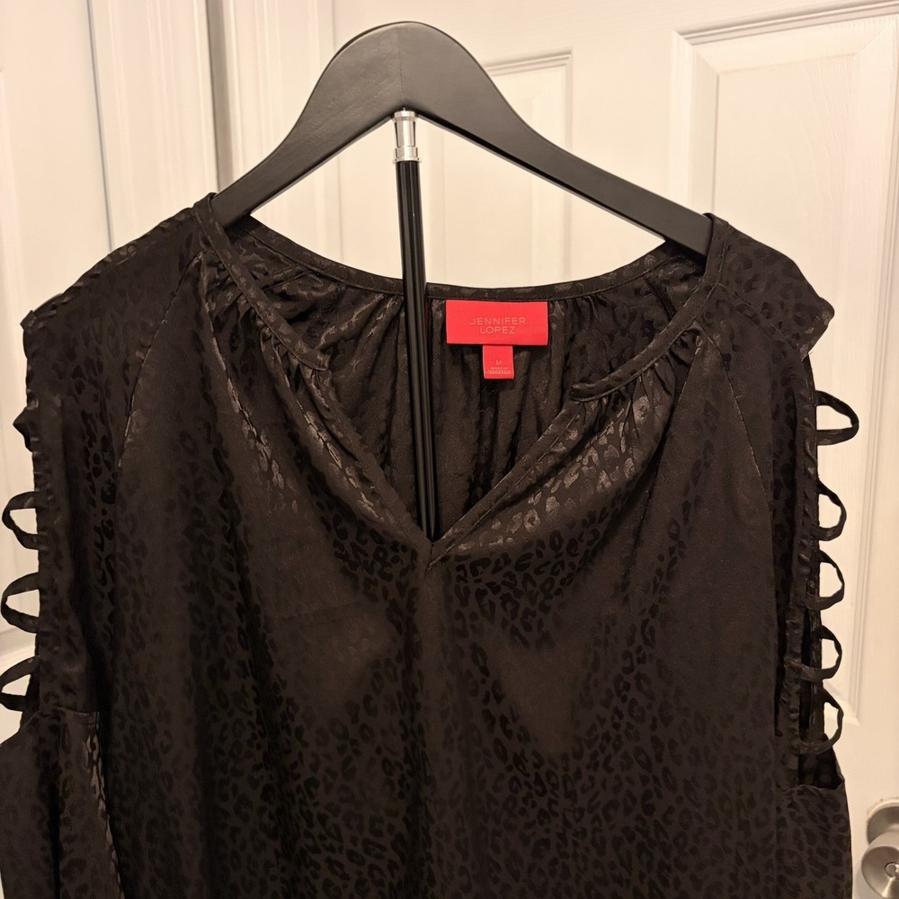 JLO Black Jacquard Animal Print Lattice Sleeve Top Medium Peasant Edgy Night Out - Picture 2 of 8